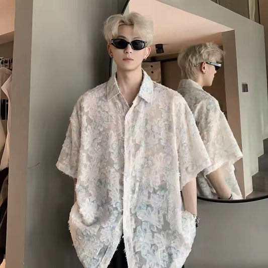 Transparent Floral Handsome Shirts Summer Thin Fashion Casual Streetwear Loose Shirt Breathable Short Sleeve Men's Clothing