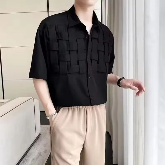 Summer High Street Knit Short Sleeve Shirts For Men Luxury Social Solid Camisas De Hombre Korean Fashion Y2K Tee Shirt Clothes