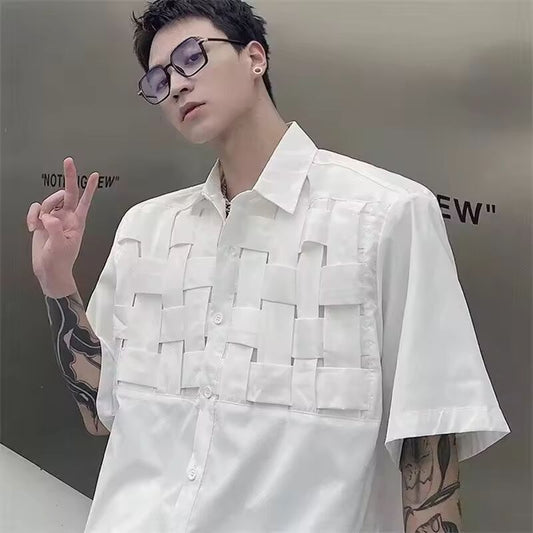 Summer High Street Knit Short Sleeve Shirts For Men Luxury Social Solid Camisas De Hombre Korean Fashion Y2K Tee Shirt Clothes